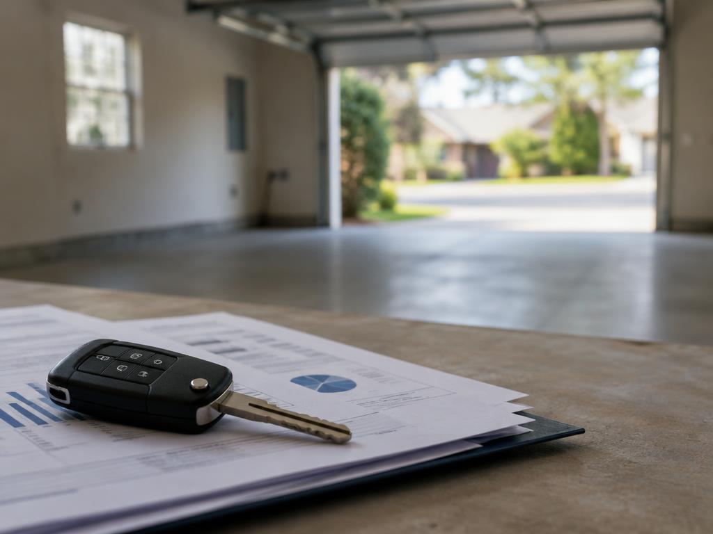 Chave do carro sobre documentos com garagem vazia ao fundo