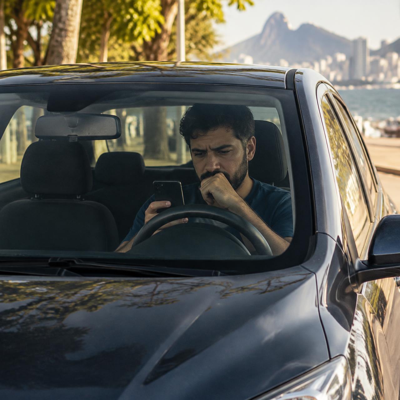 Proprietário preocupado dentro do carro olhando o celular